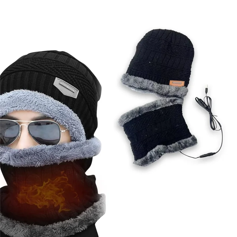 Conjunto de Cachecol Aquecido por USB e Gorro de Malha para o Inverno - Cinza
