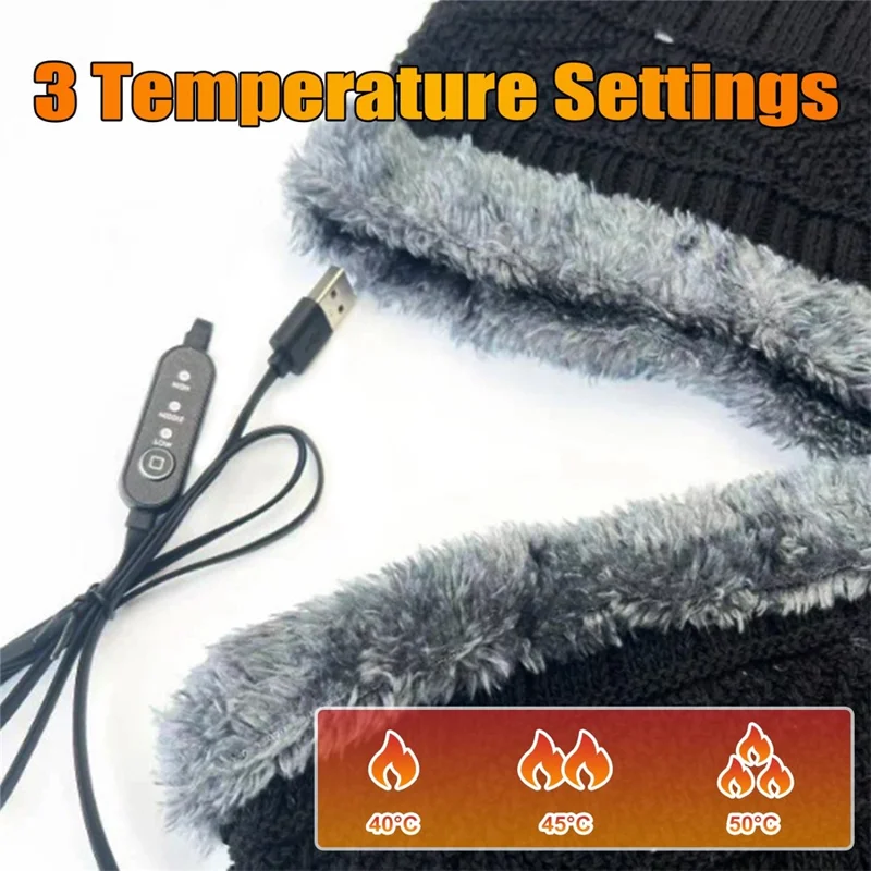 Conjunto de Cachecol Aquecido por USB e Gorro de Malha para o Inverno - Cinza