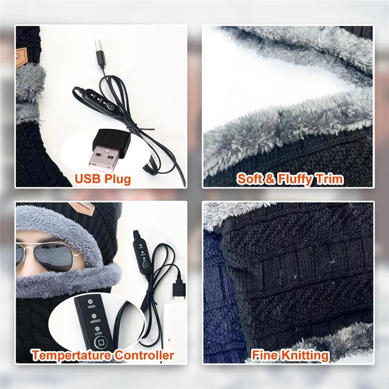 Conjunto de Cachecol Aquecido por USB e Gorro de Malha para o Inverno - Cinza