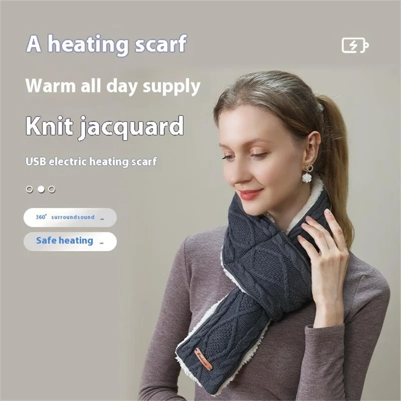 Écharpe chauffante électrique d'hiver USB, écharpe tricotée jacquard, 3 niveaux de température, chauffe-cou électrique - Kaki