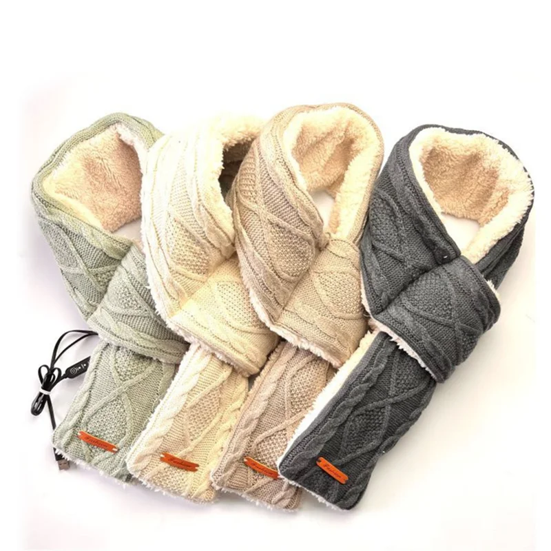 Écharpe chauffante électrique d'hiver USB, écharpe tricotée jacquard, 3 niveaux de température, chauffe-cou électrique - Kaki