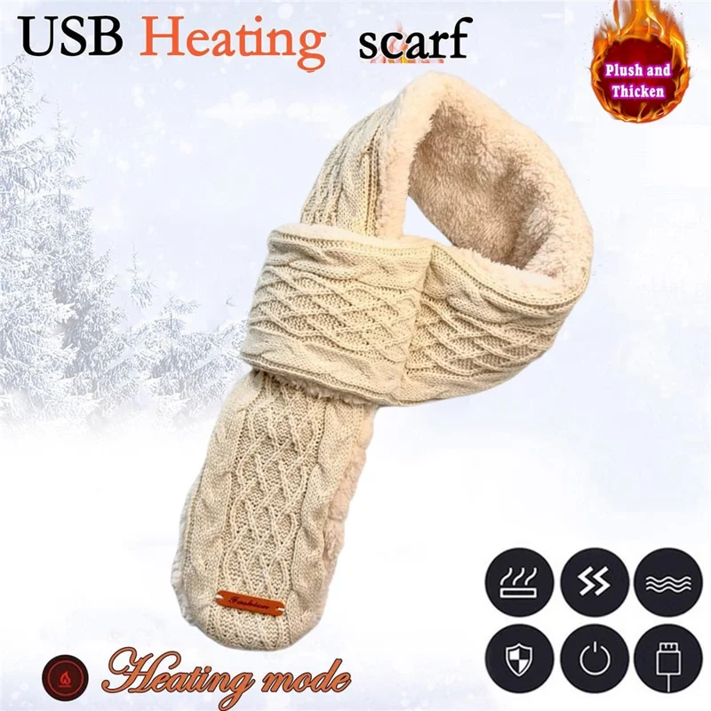 3 Temperature Levels Adjustable Electric Warming Neck Wrap USB Heated Jacquard Knit Scarf - Khaki
