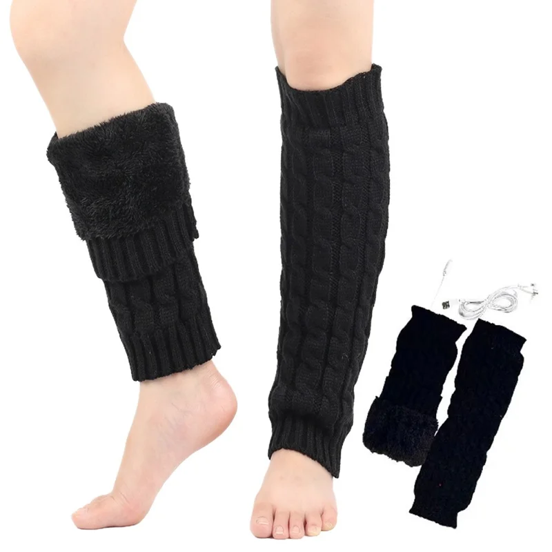 Chaufferettes électriques pour les jambes USB pour l'automne et l'hiver, double couche en tricot, manchons thermiques électriques pour les jambes - Noir