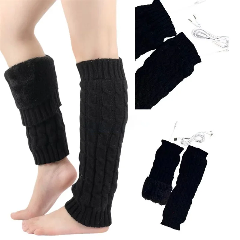 Chaufferettes électriques pour les jambes USB pour l'automne et l'hiver, double couche en tricot, manchons thermiques électriques pour les jambes - Noir