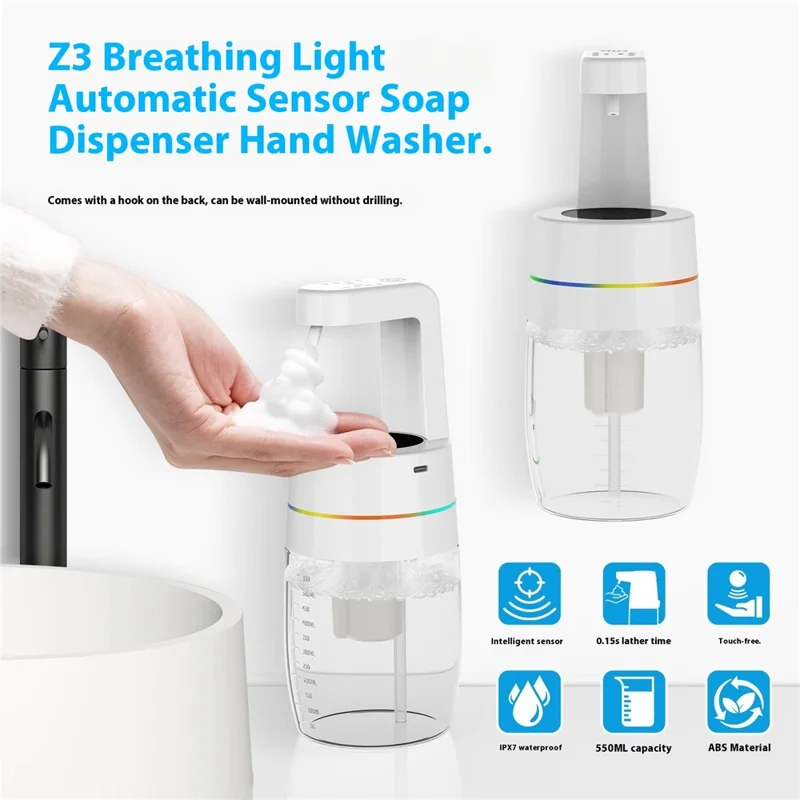 550ml Automatic Soap Dispenser Infrared Sensor Foam Dispenser with Lighting Effect for Home / Office - Liquid Version