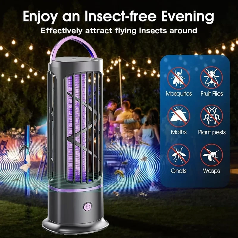 Lâmpada Elétrica Recarregável Mata-Mosquitos D8 com Luz UV, Armadilha de Insetos e Função de Luz Noturna - Cinza