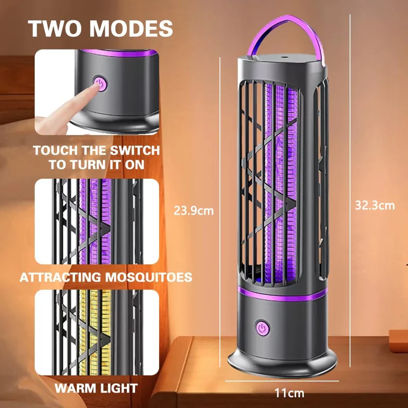Lâmpada Elétrica Recarregável Mata-Mosquitos D8 com Luz UV, Armadilha de Insetos e Função de Luz Noturna - Cinza