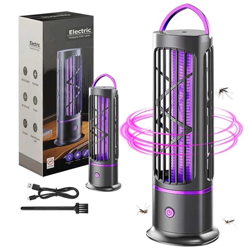 Lâmpada Elétrica Recarregável Mata-Mosquitos D8 com Luz UV, Armadilha de Insetos e Função de Luz Noturna - Cinza
