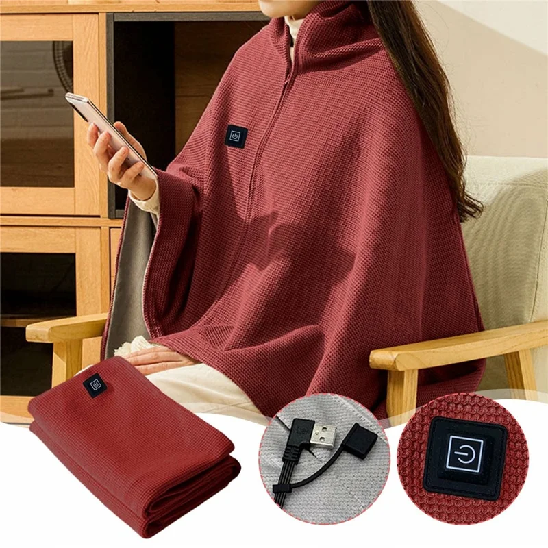 150 x 80 cm USB-beheizter Reißverschluss-Poncho für eine Person, Heizschal für Zuhause, Büro, Nickerchen, elektrische Wärmedecke - Rot