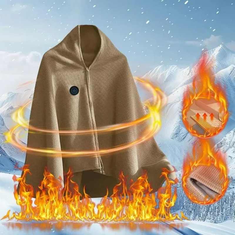 150 x 80cm USB Heated Zipper Poncho for Single Person Heating Shawl Home Office Nap Electirc Warming Blanket - Coffee