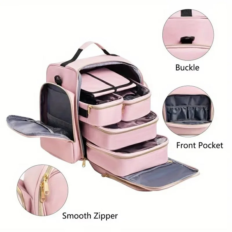 Organizador de Bolsa de Maquiagem de Viagem com 4 Estojos Destacáveis Bolsa de Armazenamento de Rolo de Jóias em Tecido Oxford