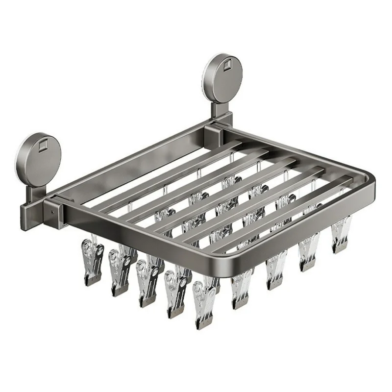 Folding Suction Cup Sock Drying Rack with 30 Clips Laundry Hanger for Socks / Underwear / Towels - Grey