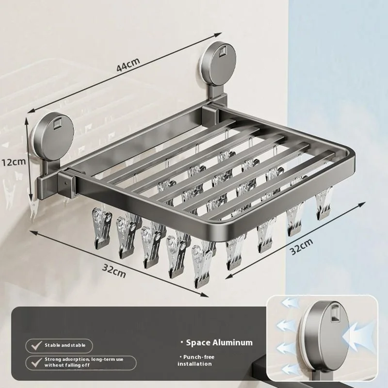 Folding Suction Cup Sock Drying Rack with 30 Clips Laundry Hanger for Socks / Underwear / Towels - Grey