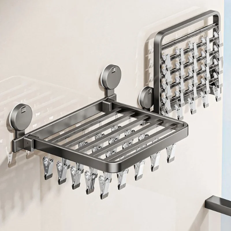 Folding Suction Cup Sock Drying Rack with 30 Clips Laundry Hanger for Socks / Underwear / Towels - Grey