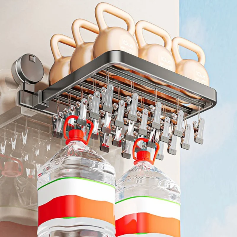 Folding Suction Cup Sock Drying Rack with 30 Clips Laundry Hanger for Socks / Underwear / Towels - Grey