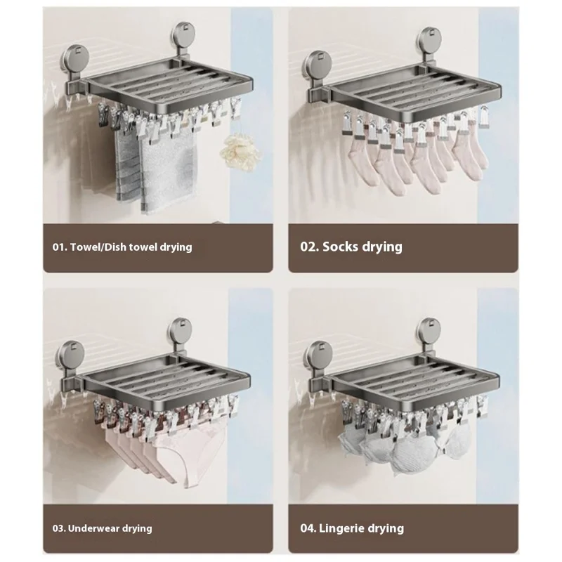 Folding Suction Cup Sock Drying Rack with 30 Clips Laundry Hanger for Socks / Underwear / Towels - Grey