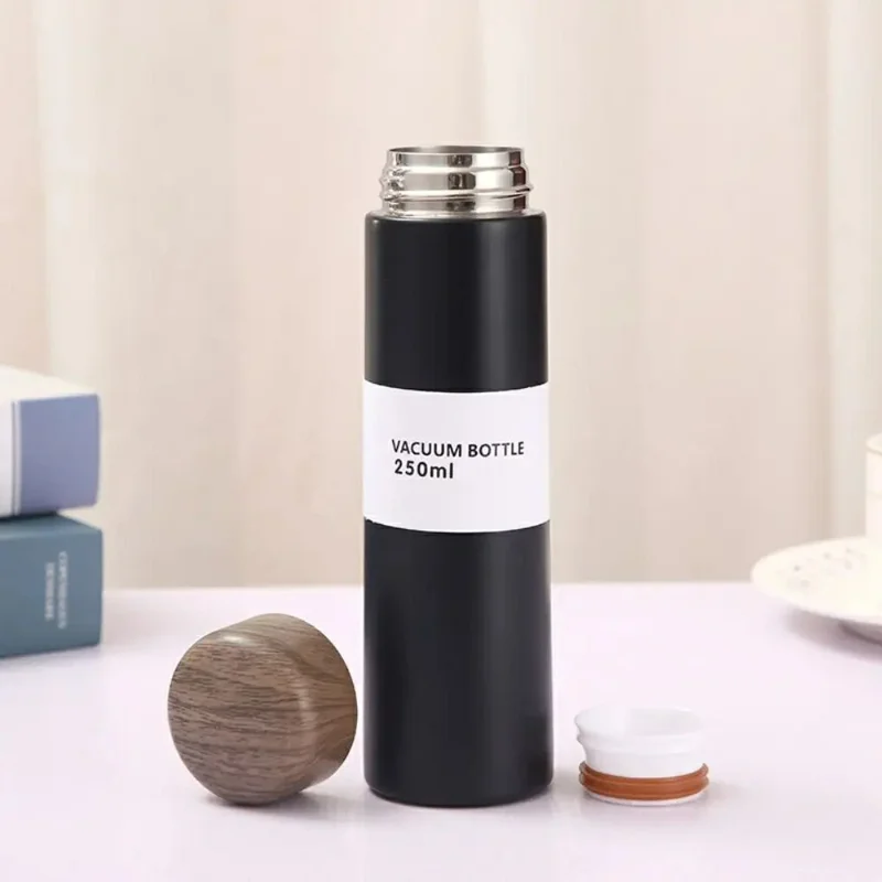 250ml Wood Grain Lid Vacuum Kettle Portable Stainless Steel Travel Water Bottle with Tea Strainer (BPA Free, No FDA) - Black