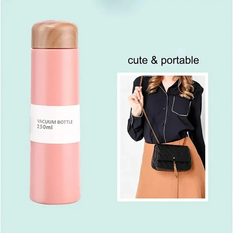 250ml Wood Grain Lid Vacuum Kettle Portable Stainless Steel Travel Water Bottle with Tea Strainer (BPA Free, No FDA) - Black