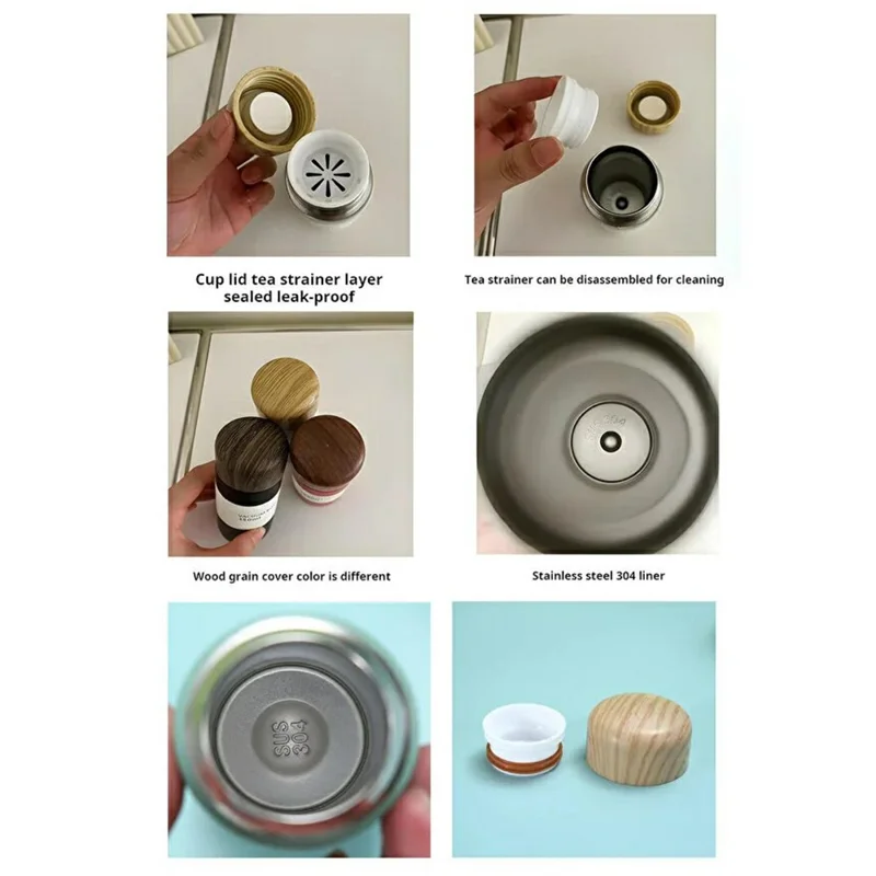 250ml Wood Grain Lid Vacuum Kettle Portable Stainless Steel Travel Water Bottle with Tea Strainer (BPA Free, No FDA) - Black