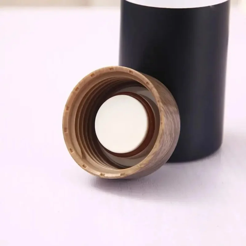 250ml Wood Grain Lid Vacuum Kettle Portable Stainless Steel Travel Water Bottle with Tea Strainer (BPA Free, No FDA) - Black