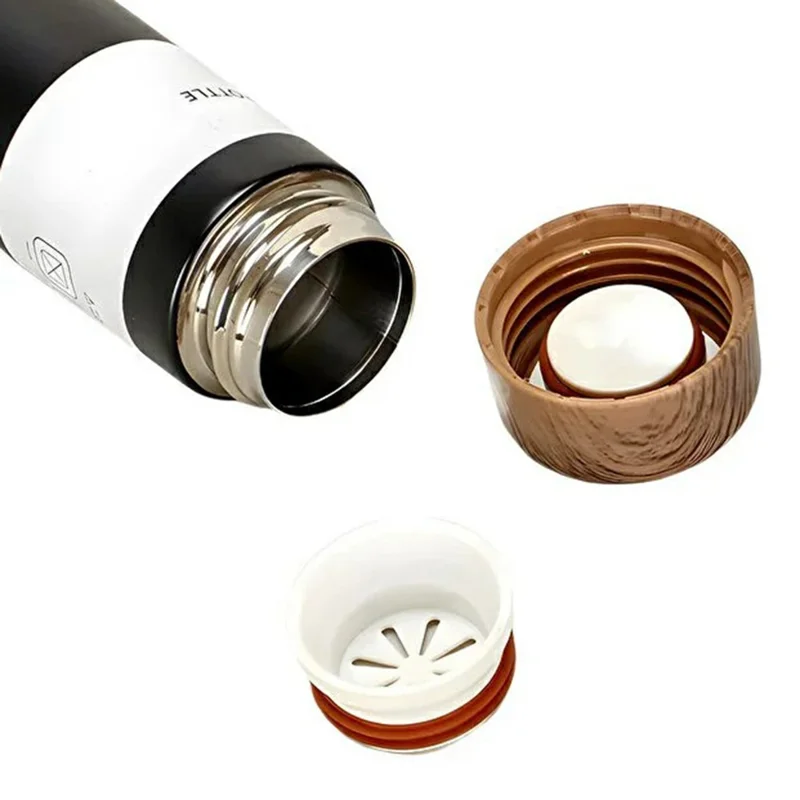 250ml Wood Grain Lid Vacuum Kettle Portable Stainless Steel Travel Water Bottle with Tea Strainer (BPA Free, No FDA) - Black