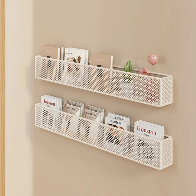 2Pcs Drill Free Wall Mounted Mesh Bookshelf for Kids Room Behind Door Metal Organizer Storage Rack - White