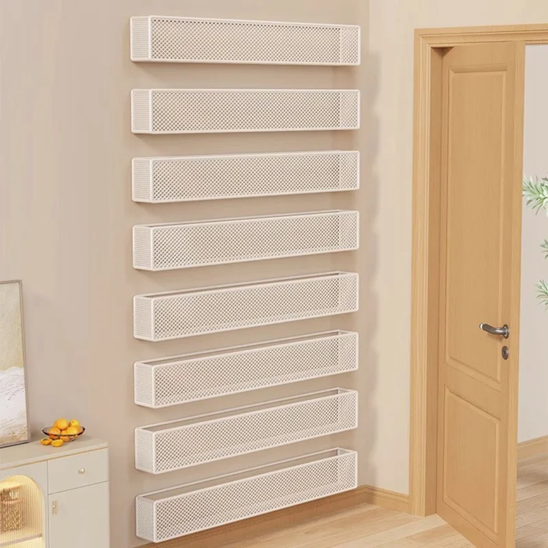 2Pcs Drill Free Wall Mounted Mesh Bookshelf for Kids Room Behind Door Metal Organizer Storage Rack - White