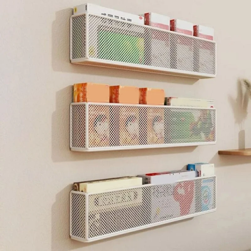 2Pcs Drill Free Wall Mounted Mesh Bookshelf for Kids Room Behind Door Metal Organizer Storage Rack - White