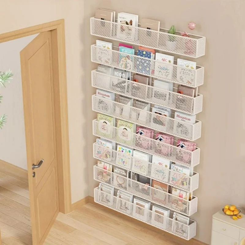 2Pcs Drill Free Wall Mounted Mesh Bookshelf for Kids Room Behind Door Metal Organizer Storage Rack - White