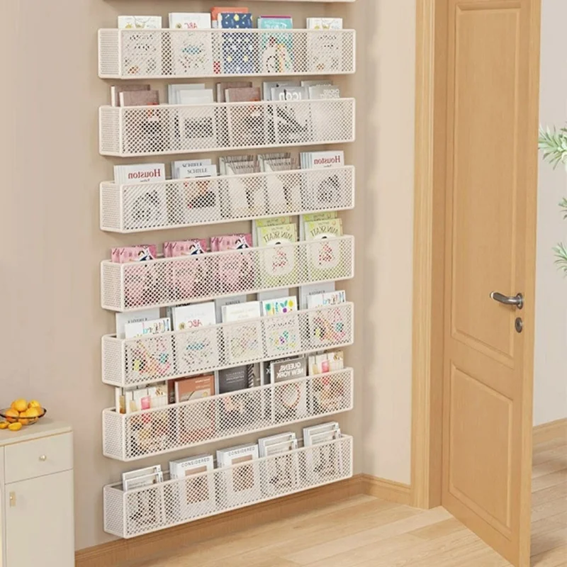2Pcs Drill Free Wall Mounted Mesh Bookshelf for Kids Room Behind Door Metal Organizer Storage Rack - White