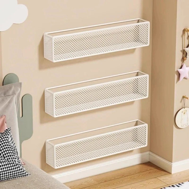 2Pcs Drill Free Wall Mounted Mesh Bookshelf for Kids Room Behind Door Metal Organizer Storage Rack - White