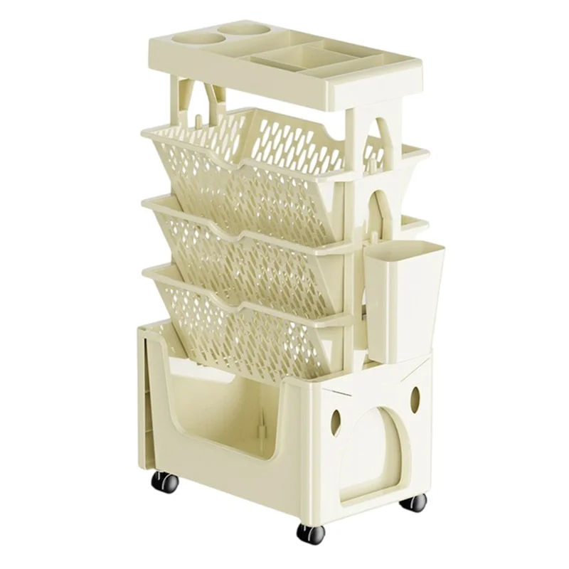 Multi-Tier Rolling Storage Cart Plastic Bookcase Mobile Sundries Organizer Shelf with Wheels - Khaki