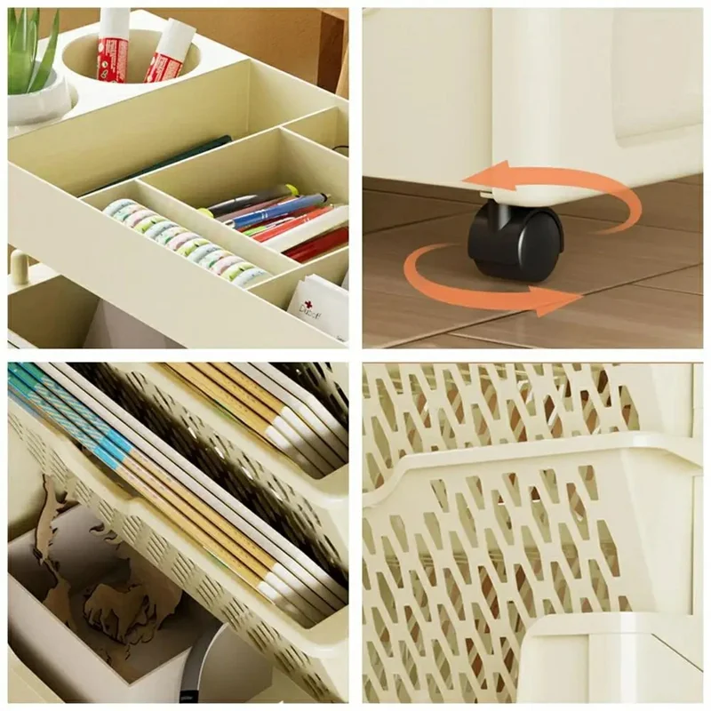 Multi-Tier Rolling Storage Cart Plastic Bookcase Mobile Sundries Organizer Shelf with Wheels - Khaki