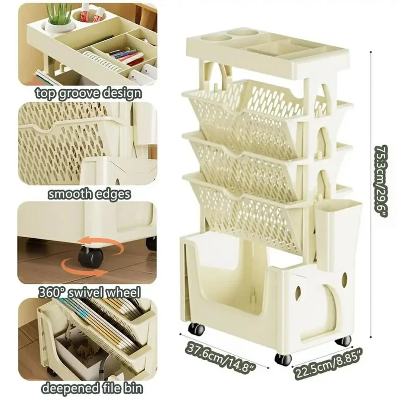 Multi-Tier Rolling Storage Cart Plastic Bookcase Mobile Sundries Organizer Shelf with Wheels - Khaki