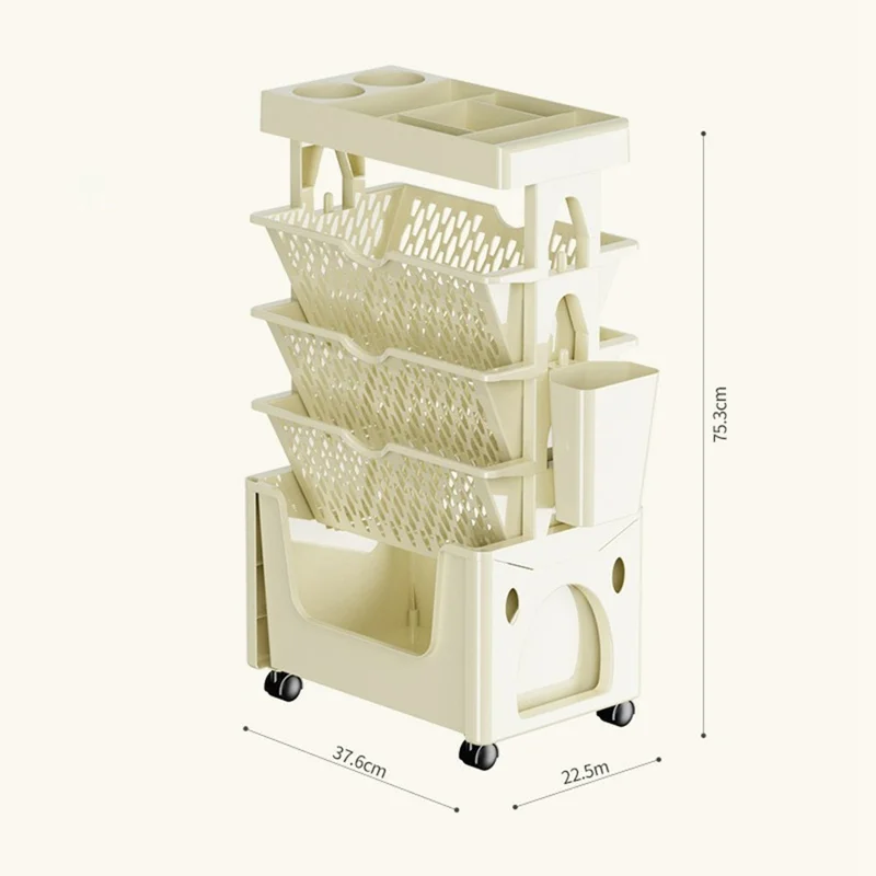 Multi-Tier Rolling Storage Cart Plastic Bookcase Mobile Sundries Organizer Shelf with Wheels - Khaki