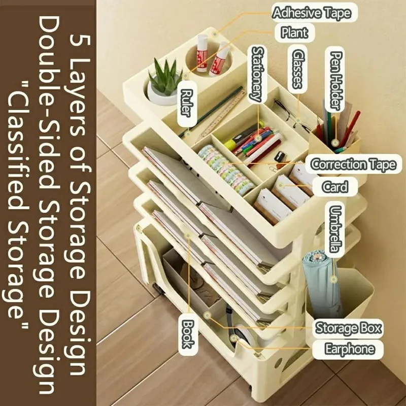 Multi-Tier Rolling Storage Cart Plastic Bookcase Mobile Sundries Organizer Shelf with Wheels - Khaki