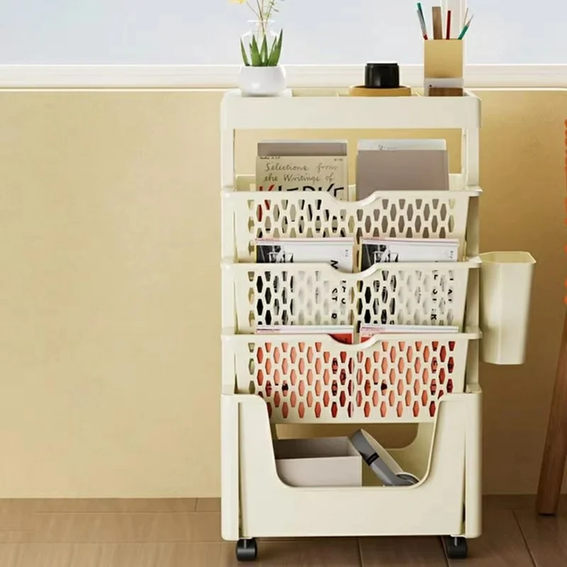 Multi-Tier Rolling Storage Cart Plastic Bookcase Mobile Sundries Organizer Shelf with Wheels - Khaki