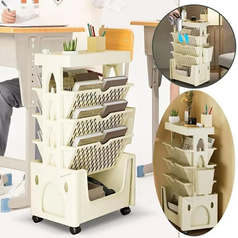 Multi-Tier Rolling Storage Cart Plastic Bookcase Mobile Sundries Organizer Shelf with Wheels - Khaki