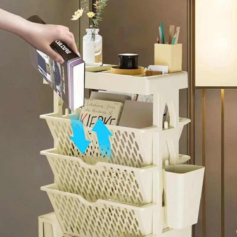 Multi-Tier Rolling Storage Cart Plastic Bookcase Mobile Sundries Organizer Shelf with Wheels - Khaki