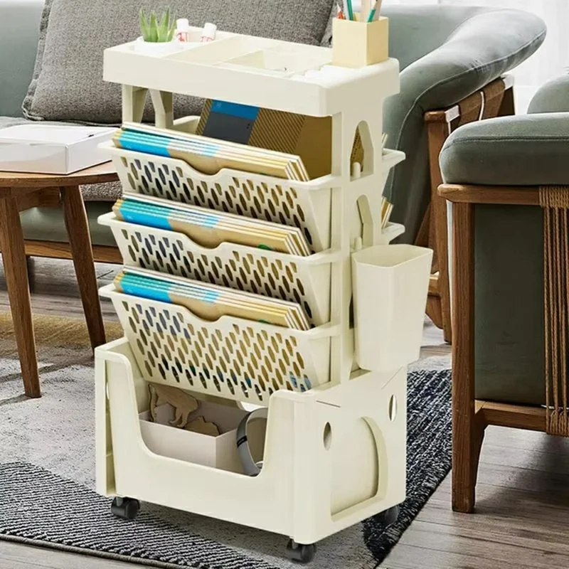 Multi-Tier Rolling Storage Cart Plastic Bookcase Mobile Sundries Organizer Shelf with Wheels - Khaki