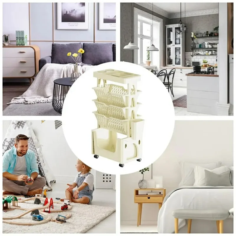 Multi-Tier Rolling Storage Cart Plastic Bookcase Mobile Sundries Organizer Shelf with Wheels - Khaki