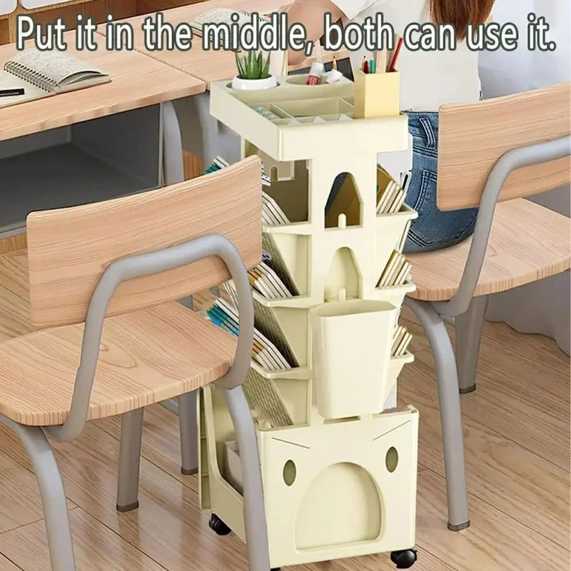 Multi-Tier Rolling Storage Cart Plastic Bookcase Mobile Sundries Organizer Shelf with Wheels - Khaki
