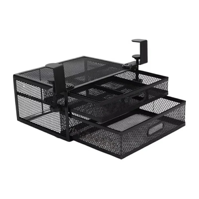 Under Desk Double Layer Mesh Shelf Drawer Organizer Hidden Office Desk Metal Storage Basket