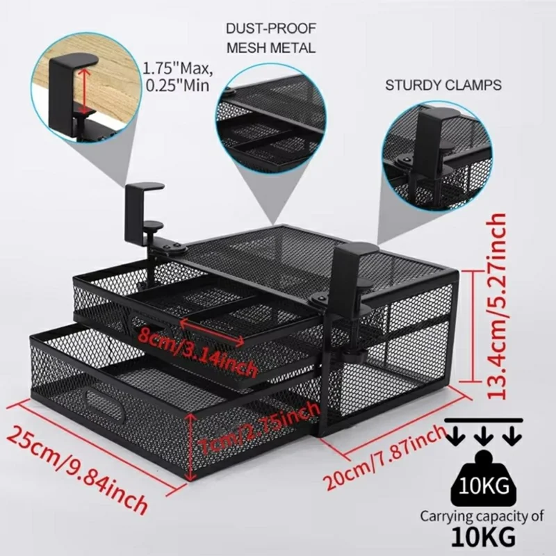 Under Desk Double Layer Mesh Shelf Drawer Organizer Hidden Office Desk Metal Storage Basket