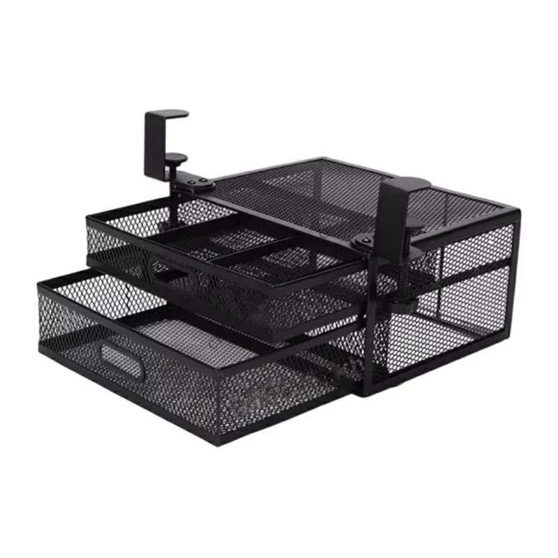 Under Desk Double Layer Mesh Shelf Drawer Organizer Hidden Office Desk Metal Storage Basket