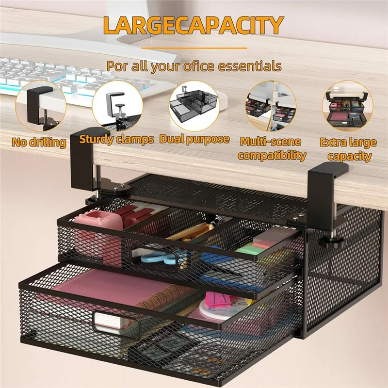 Under Desk Double Layer Mesh Shelf Drawer Organizer Hidden Office Desk Metal Storage Basket