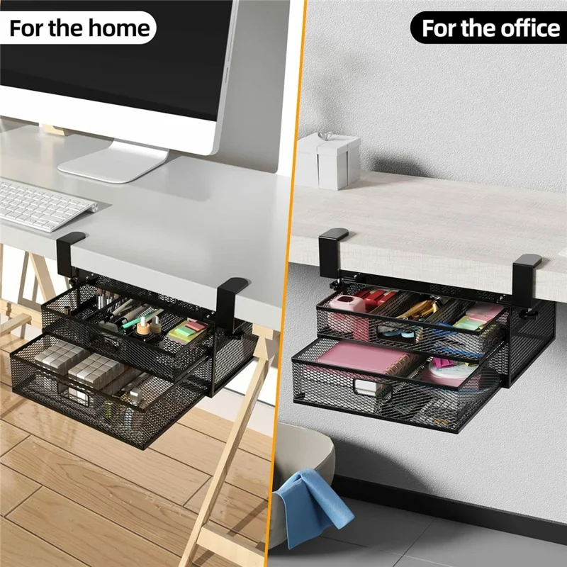 Under Desk Double Layer Mesh Shelf Drawer Organizer Hidden Office Desk Metal Storage Basket
