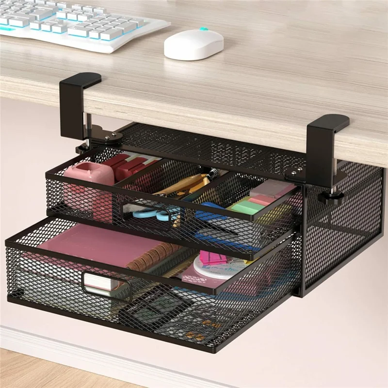 Under Desk Double Layer Mesh Shelf Drawer Organizer Hidden Office Desk Metal Storage Basket