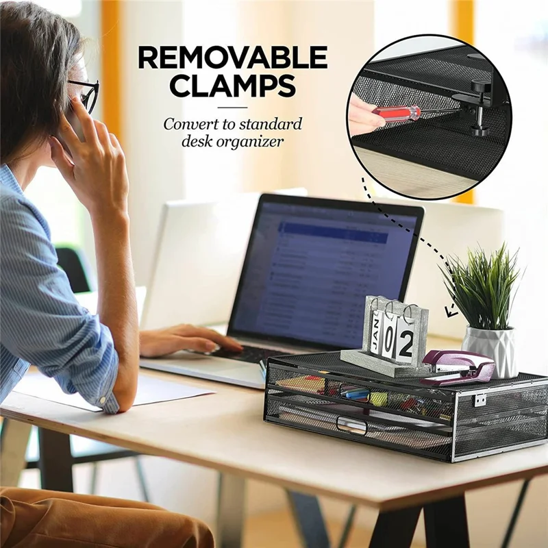 Under Desk Double Layer Mesh Shelf Drawer Organizer Hidden Office Desk Metal Storage Basket