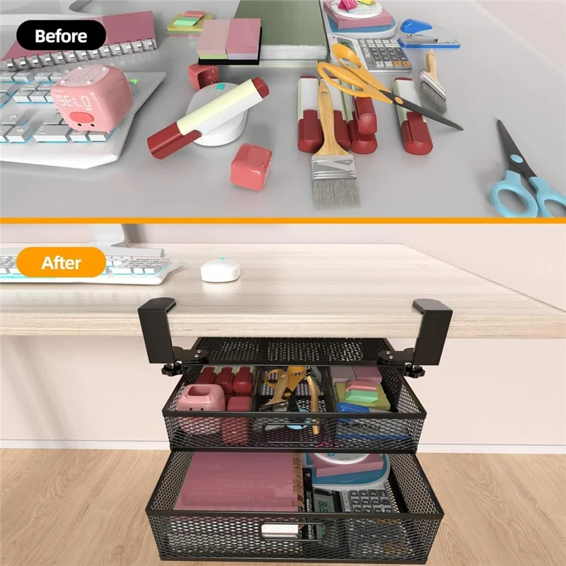 Under Desk Double Layer Mesh Shelf Drawer Organizer Hidden Office Desk Metal Storage Basket